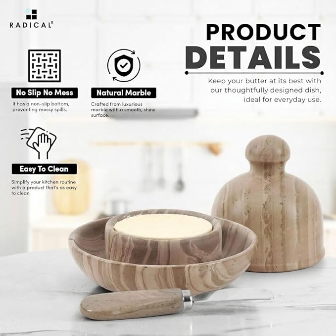 Radicaln Marble Butter Dish With Lid 6" Inches Natural Brown Handmade Butter Storage Container, Ideal Butter Dish and Butter Crock For Counter With Water