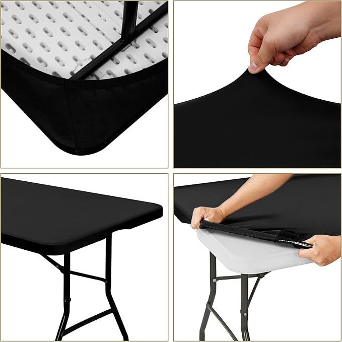 6 Pack Stretch Fabric Table Top Cap Cover, fits 8' Tables, Spandex Table Covers Washable Elastic Universal Rectangle Tablecloth Protector for Indoor Outdoor Party Picnic Wedding, Black, 30" W x 96" L