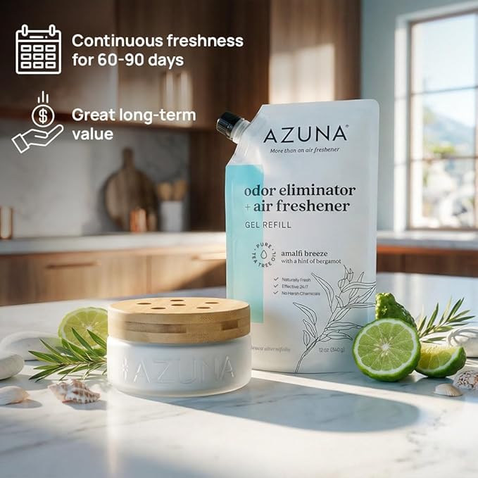 Azuna Air Freshener & Odor Eliminator for Strong Odor | 2 Room Kit Includes (2) 8 oz. Empty Luxe Glass Jars & 12 oz | Refill with Tea Tree Essential Oil Gel | Amalfi Breeze | Last 60-90 Days