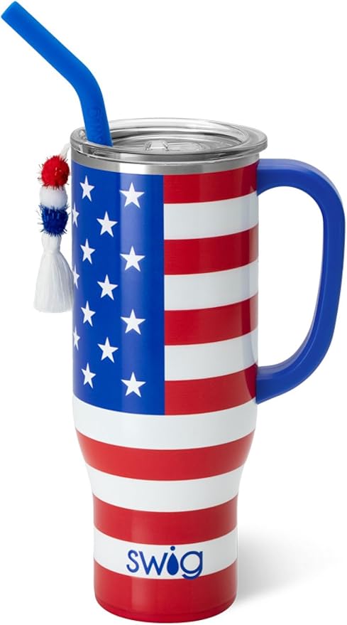 Swig Life 30oz Mega Mug, 30 oz Tumbler with Handle and Straw, Cup Holder Friendly, Dishwasher Safe, Extra Large Insulated Tumbler, Stainless Steel (All American)