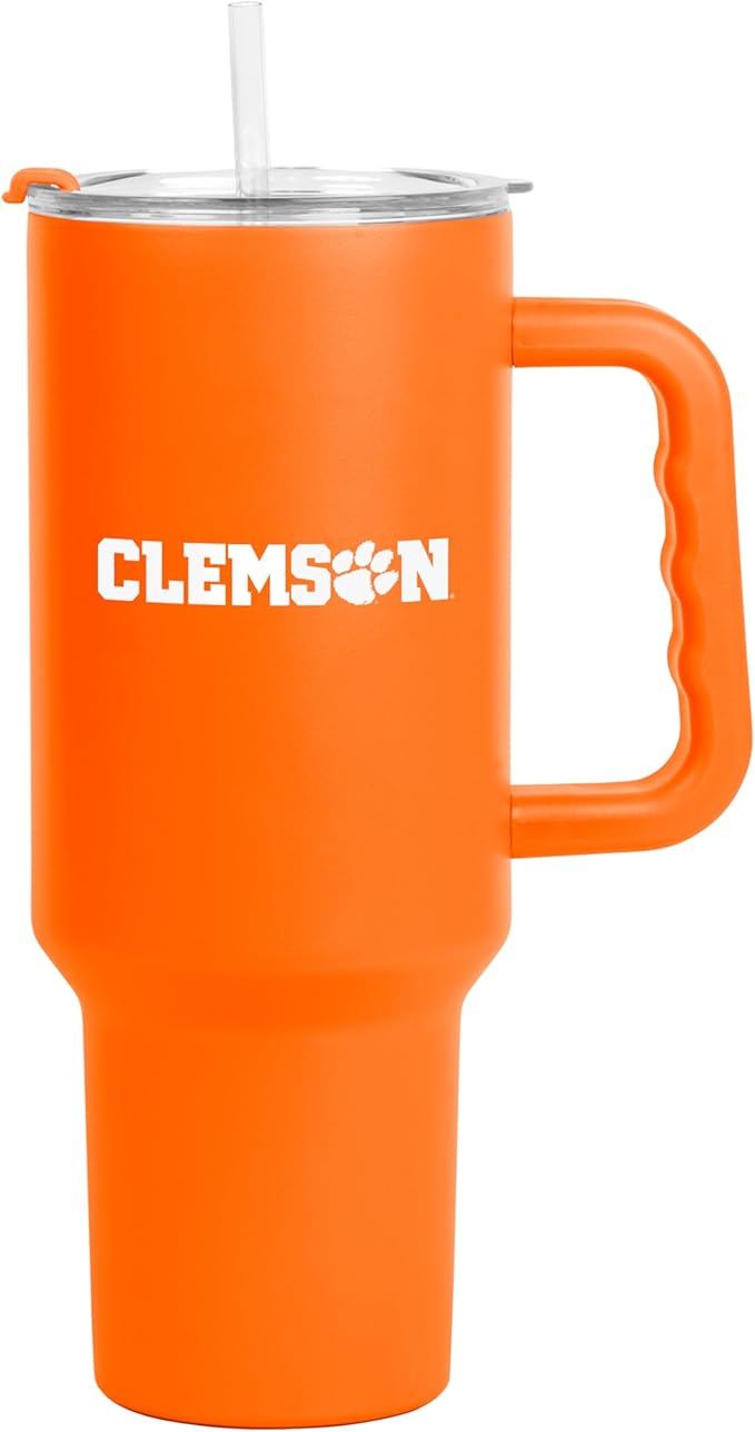 Logo Brands NCAA 40 oz Tumbler with Handle -Stainless Steel Insulated Travel Tumbler with Straw Lid – Powder Coated, Leak-Resistant, Keeps Drinks Hot/Cold – Great for Tailgating, or Everyday Use