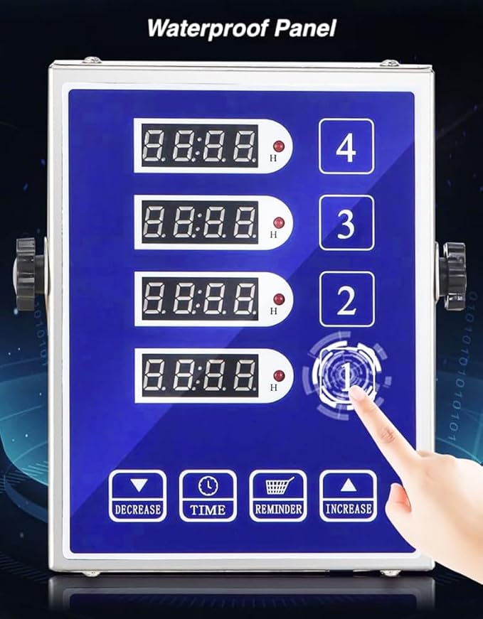 Commercial Kitchen Timer with 4 Channels, Digital Timer for Cooking, Loud Alarm Volume +/-, Food Truck Restaurant Supplies, Heavy Duty Stainless Steel Large Timers, Waterproof Panel & Memory Function