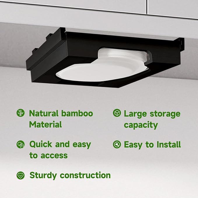 Paper Plate Dispenser Under Cabinet - 9 inch Bamboo Paper Plate Dispenser, Kitchen Counter Vertical Holder Organizer Countertop Caddy Black (9 Inch)