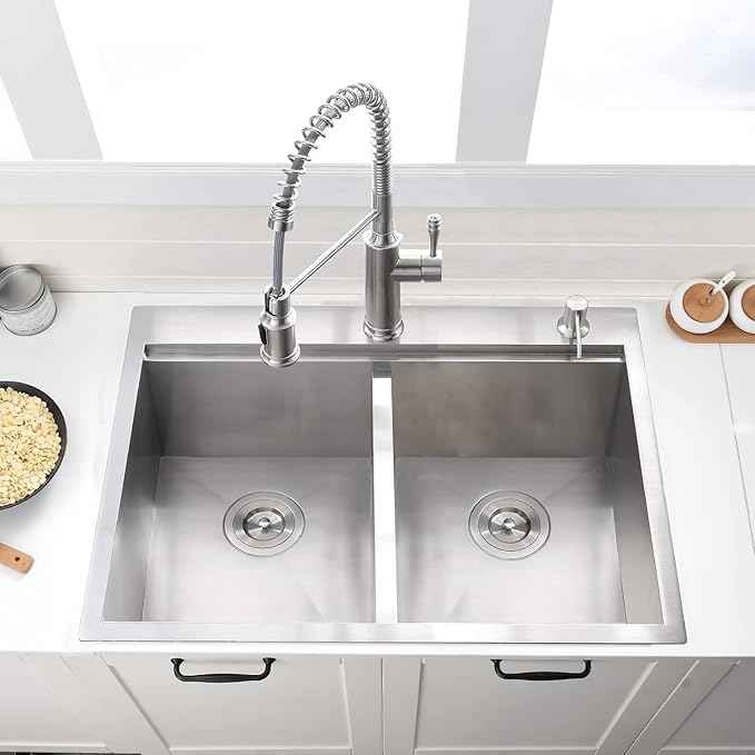 33 Inch Double Bowl Drop In Kitchen Sink Workstation - VOKIM 33 x 22 Inch Stainless Steel sink 16 Gauge Stainless Steel Drop In Kitchen Sink 10 Inch Deep 50/50 Double Bowl Sink