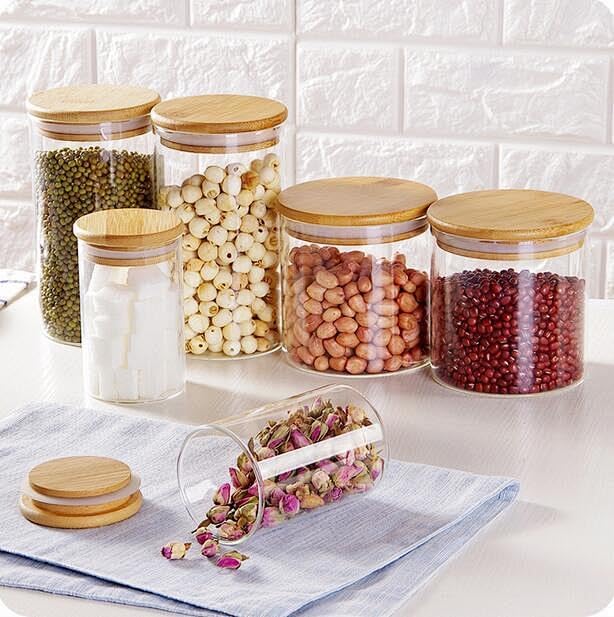 SHOWIN Glass Food Storage Jars, Glass Jars with Bamboo Lids, Kitchen Storage Jars, Canisters with Airtight Lids for Spice, Coffee, Cookie, Set of 5, Pantry Organizers