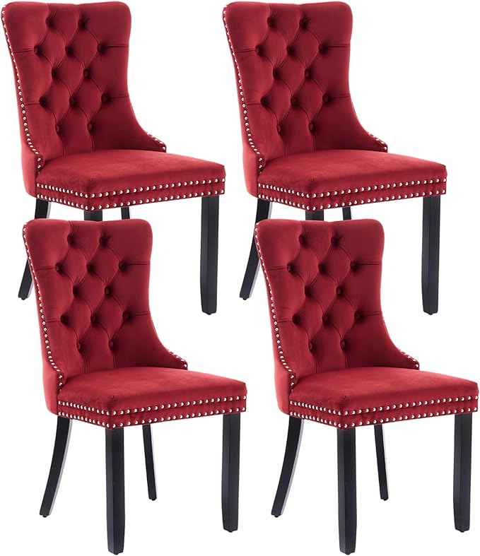 Velvet Dining Chairs Set of 4, Upholstered Dining Room Chairs with Back Ring Pull Trim and Solid Wood Legs,Tufted Wingback Kitchen Chairs for Dining Room,Kitchen(Wine Red)