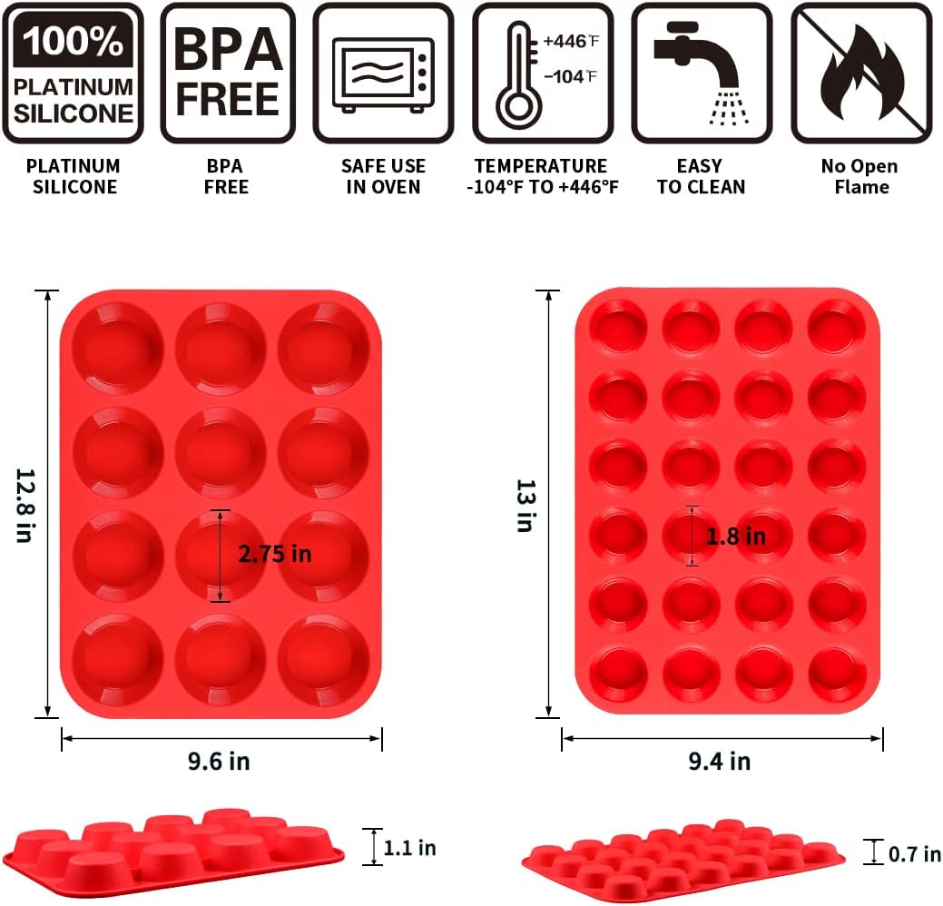 CAKETIME Silicone Muffin Pan, Mini Muffin Pan, Regular 12 Cups and Mini 24 Cups Cupcake Tin Set of 2 for Baking Egg Bites