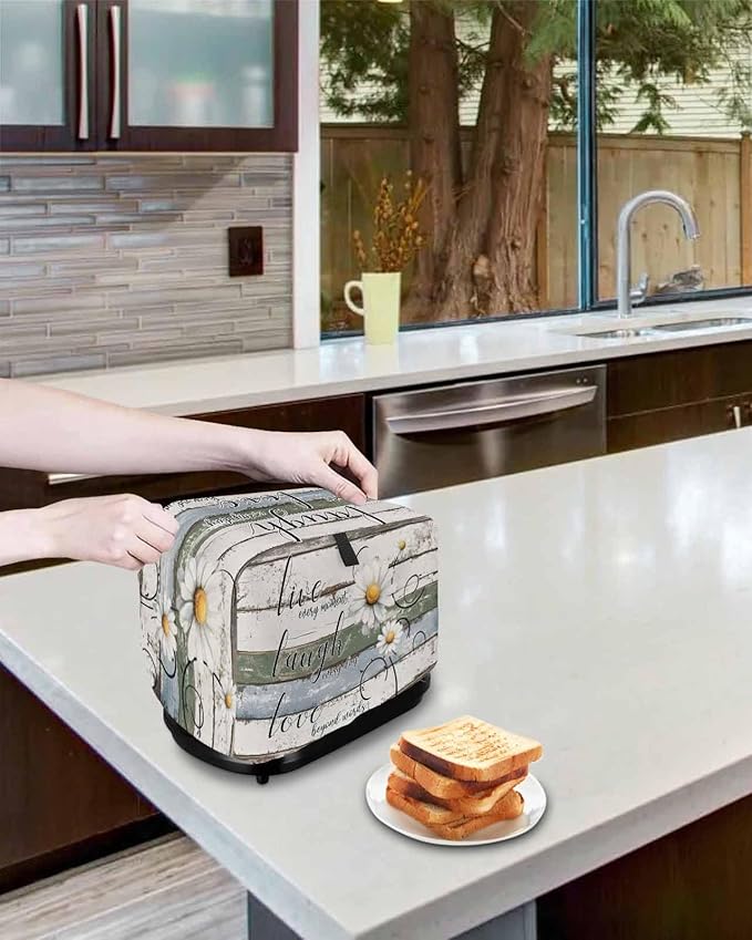 White Green Blue Toaster Cover 2 Slice, Vintage Wooden Rustic Dustproof Bakeware Oven Protector with Top Hook, White Daisy Floral Waterproof Small Kitchen Appliance Toasters Dust Cover, 11"x6"x8"