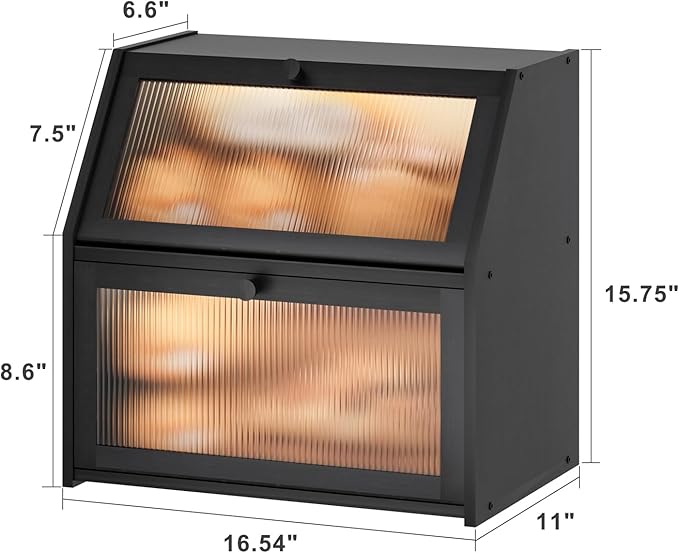 Extra Large Black Bread Box for Kitchen Counter, Large Bamboo Wood Double Layer Bread Box, Wooden Bread Storage Capacity