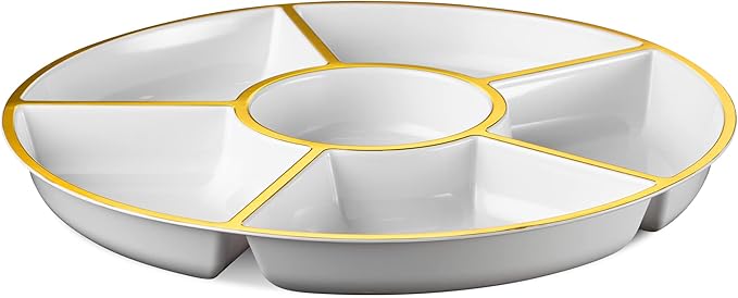 Plasticpro 6 Sectional Round Plastic Serving Tray/Platter (2, White & Gold)
