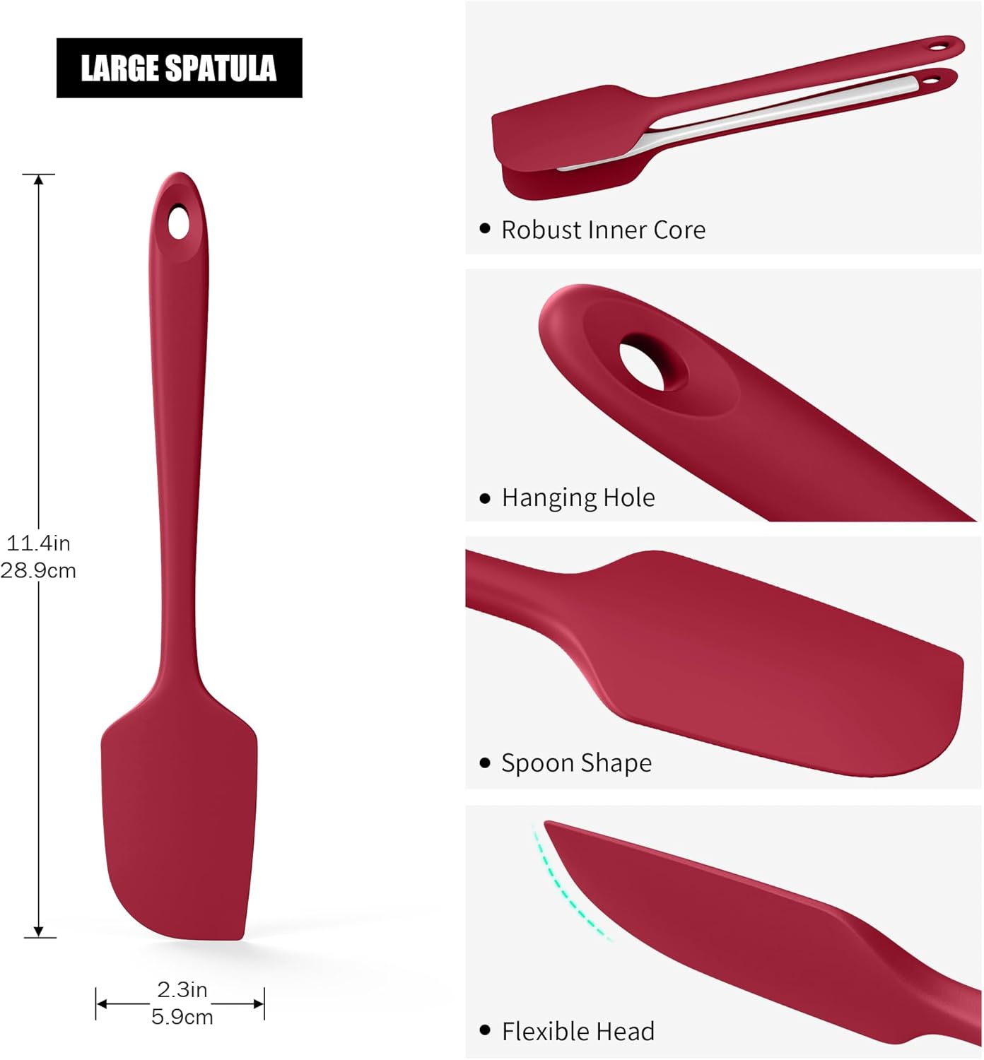 600°F Heat Resistant Silicone Spatula, Doosu High Temp Flexible Kitchen Rubber Bowl Scrapers Food Grade Seamless Baking Supplies Scratch-Proof for Scraping Non-Stick Pans (Red, 11.4in)