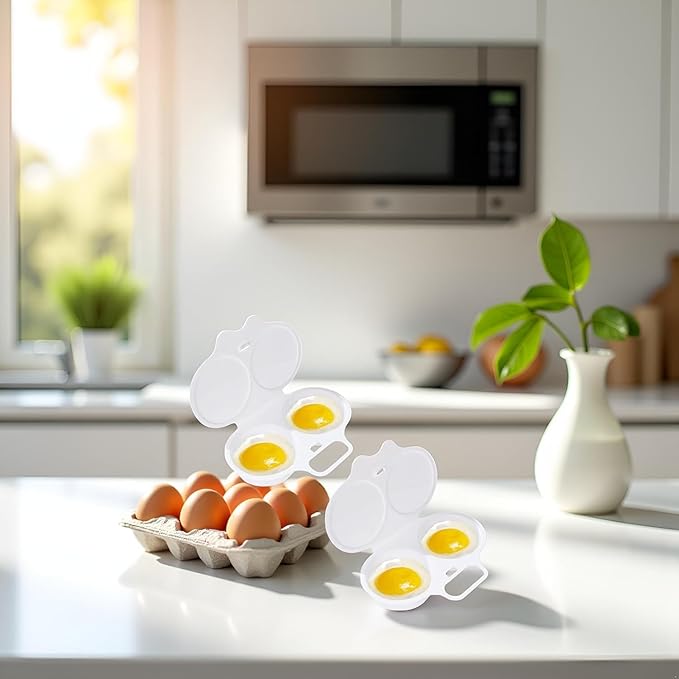 2 Pcs White Egg Poacher, Microwave Egg Boiler Poacher, 2 Cavity Nonstick Poached Egg Maker With Lid, Egg Poacher Microwave Egg Cooker, Double Drain Poached Egg Cups Cookware,Kitchen and Dining