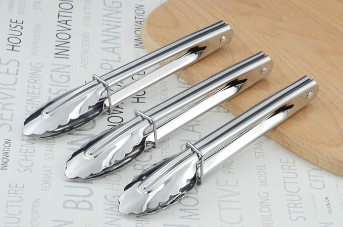 Small Stainless Steel Serving Tongs 7-Inch Salad Tongs, Set of 3 (Silver)