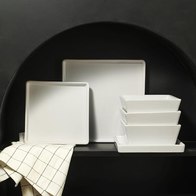 Stone Lain Grace Square Stoneware Dinnerware Set, 12 Piece Service For 4, Plates and Bowls Dish Set, White
