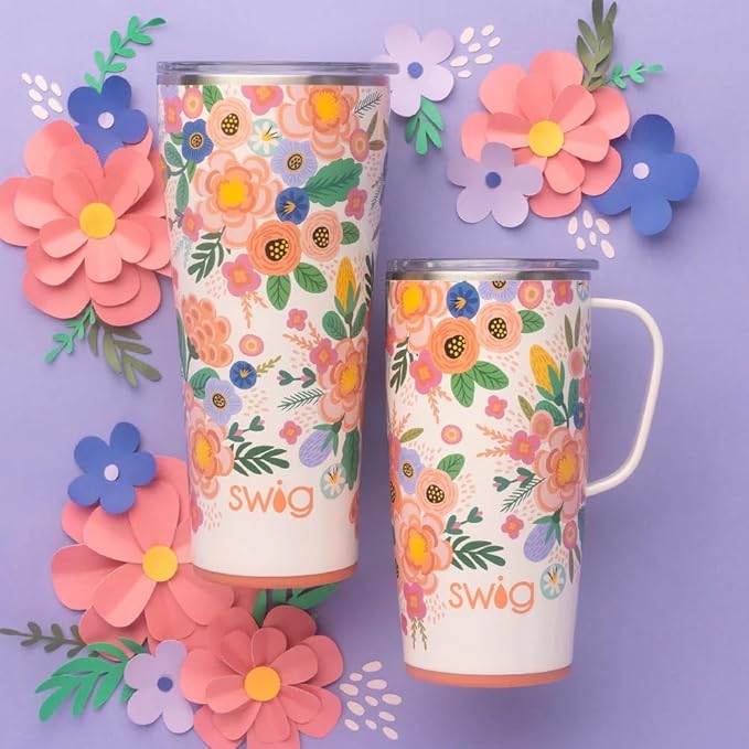 Swig Life 32oz Insulated Tumbler, Travel Coffee Tumbler with Lid, Cup Holder Friendly Travel Coffee Mug, Stainless Steel with Lid (Full Bloom)