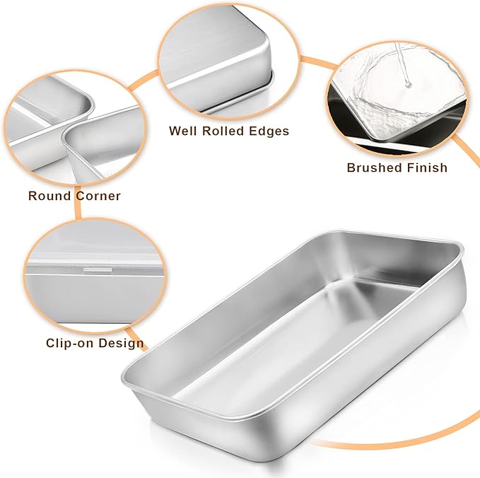 E-far Toaster Oven Baking Pan with Lid, 10.4”x 8”x 2” Stainless Steel Rectangle Sheet Cake Pans with Covers, Small Bakeware for Cakes Brownies Casseroles, Non-toxic & Dishwasher Safe -Set of 2
