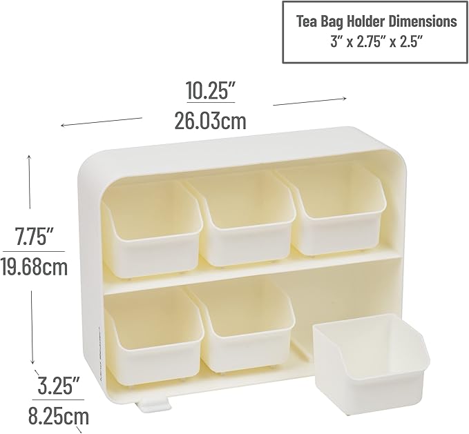 Mind Reader Tea Bag Organizer, Tea Station Organizer, Countertop Storage, Kitchen, Plastic, 10.25"L x 3.25"W x 7.75"H, White