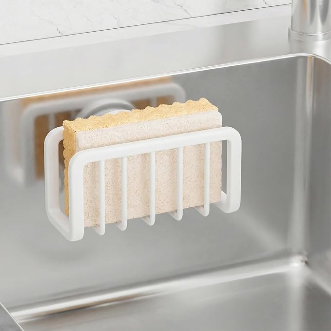 TAILI Sponge Holder for Kitchen Sink with Strong Suction Cup, Rustproof Aluminum Sink Caddy for Sponges, Removable Sponge Holder, Dish Brush for Scraper - White