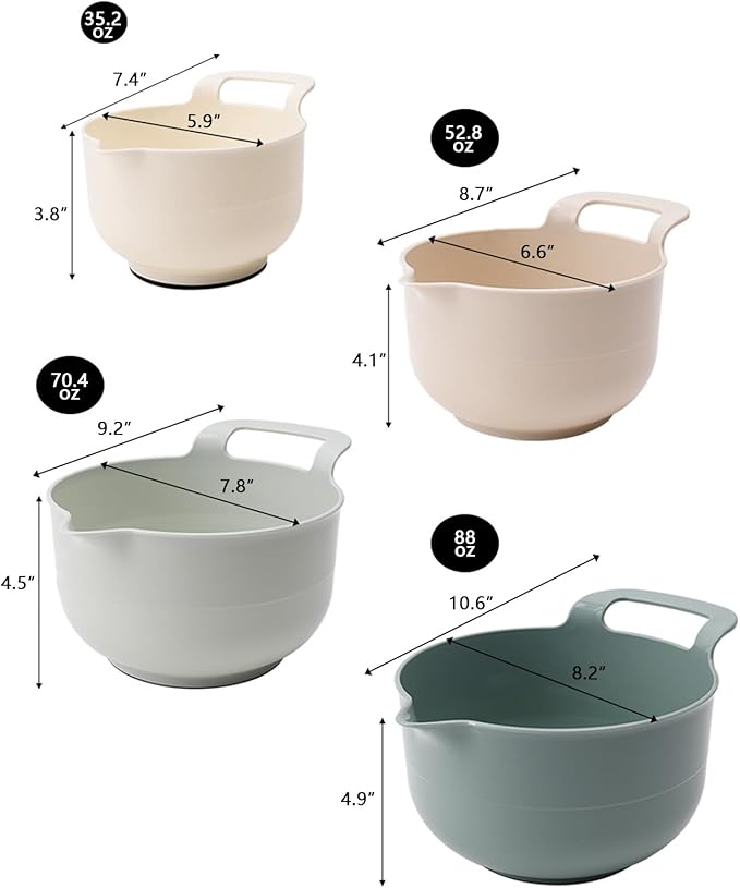 Mixing Bowls - 4 Piece Nesting Plastic Mixing Bowl Set with Pour Spouts and Handles - Non Slip Bottom and Measurement Markings (Light Green)