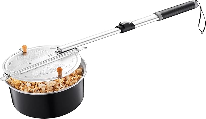 Campfire Popcorn Popper - Old Fashioned Popcorn Maker with Telescoping Handle - Camping Gear by Great Northern Popcorn (Black)