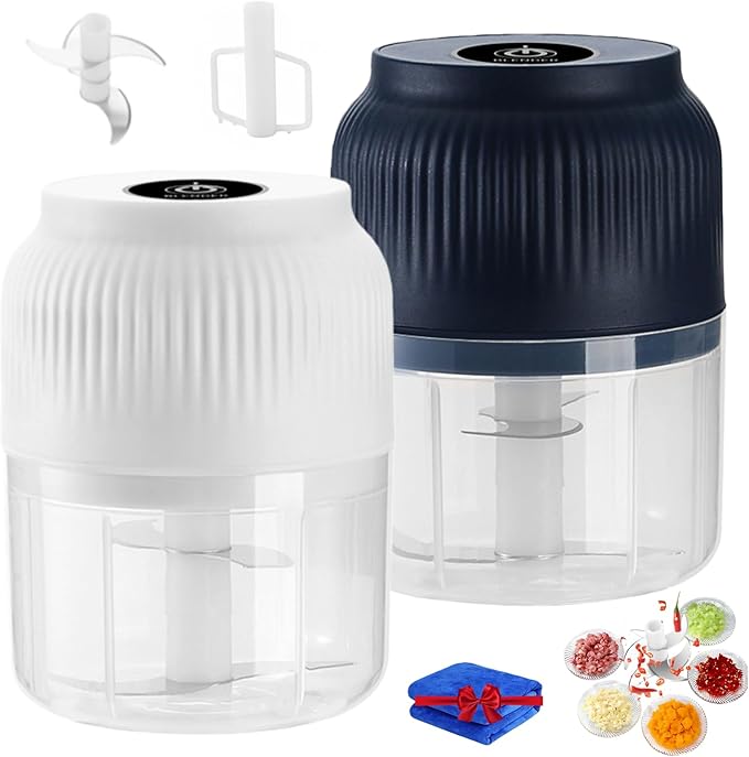 300ML USB Rechargeable Electric Garlic Chopper, Mini Portable Veggie Cutter with Eggbeater&4/6 Knife Heads, Veggie Chopper with Container and Lid, Vegetable Crusher (A)