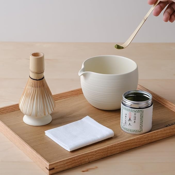 Matcha Whisk Set, Ceramic Matcha Bowl & Whisk Holder, Bamboo Accessory, Modern Design (Matte Crème, Pouring Spout)