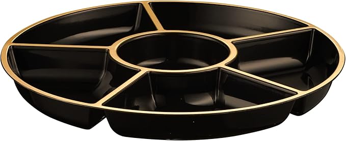 PLASTICPRO 6 Sectional Round Plastic Serving Tray/Platters Black & Gold Pack of 2
