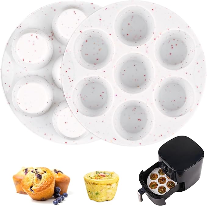 Sakolla 2 Pack Silicone Egg Bite Molds for Air Fryer, Nonstick 7 Cups Air Fryer Muffin Pan for Baking Egg Bite, Mini Muffins, Tart, Mini Cupcake and Quiche (Confetti)