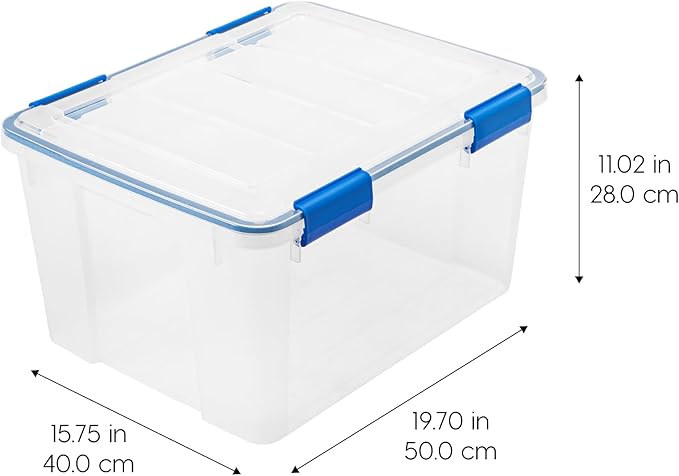 IRIS USA WeatherPro 44 Qt Storage Bins with Lids, 2 Pack, BPA-Free Plastic Gasket Box with Tight Latch and Seal, Stackable Nestable Tote Tub - Clear/Blue