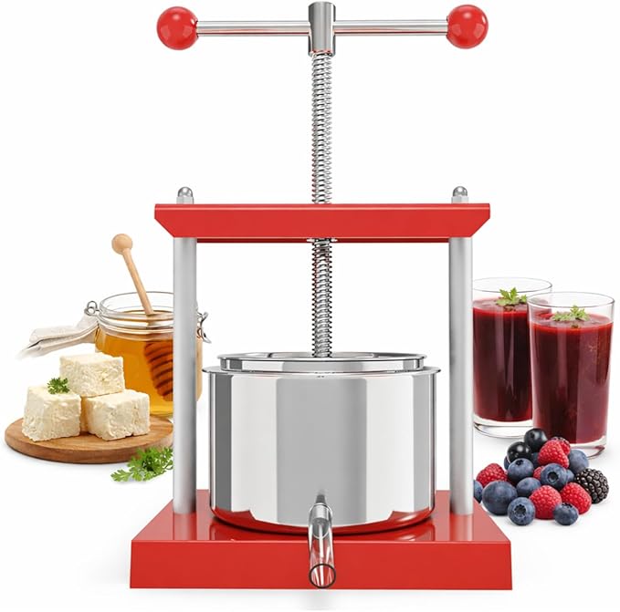 EJWOX 0.8 Gallon Manual Press - Stainless Steel Fruit & Vegetable Squeezer with Filter Bag - Upgraded 3L Capacity for Honey, Cheese, & Plant Infusions - Home Batch Soft Fruit Juicer & Herb Press