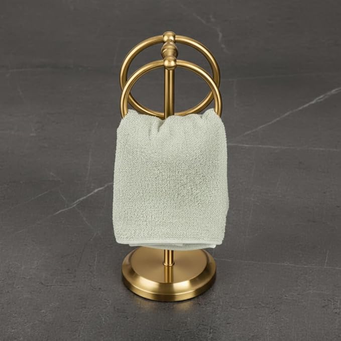 J&V TEXTILES Steel Towel Rack Holder Stand with 2 Hanging Rings for Bathroom Vanity Countertops - Space Saving Hand Towel Holder (Aged Brass)