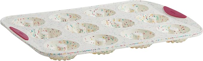 Trudeau 12-Cavity Donut Pan – Nonstick Baking Mold for Homemade Donuts, White Confetti/Fuchsia – Easy Release, Dishwasher Safe