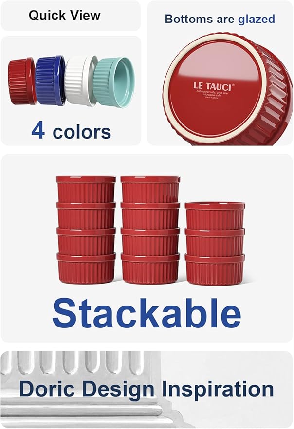 LE TAUCI 8 Oz Ramekins, Creme Brulee Dishes, Porcelain Ramekin Set for Souffle, Dipping Sauces, Pudding, Set of 6, True Red