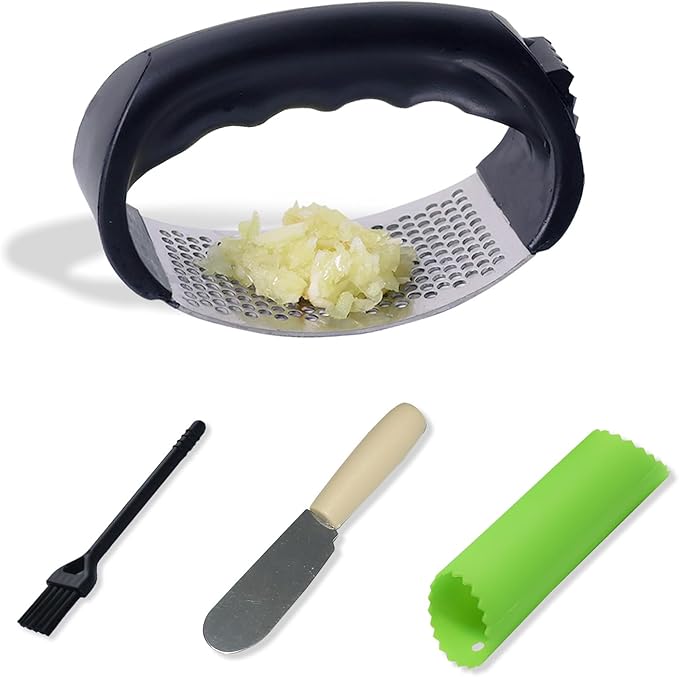 Stainless Steel Garlic Press Rocker Set - Heavy Duty Garlic Mincer, Crusher & Chopper with Silicone Peeler, Scraper & Cleaning Brush - Effortless Smasher and Grinder Tool for Easy Kitchen Prep (Green)