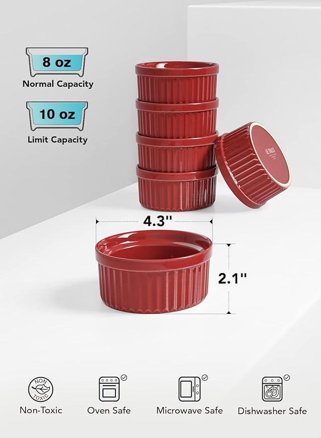 LE TAUCI 8 Oz Ramekins, Creme Brulee Dishes, Porcelain Ramekin Set for Souffle, Dipping Sauces, Pudding, Set of 6, True Red