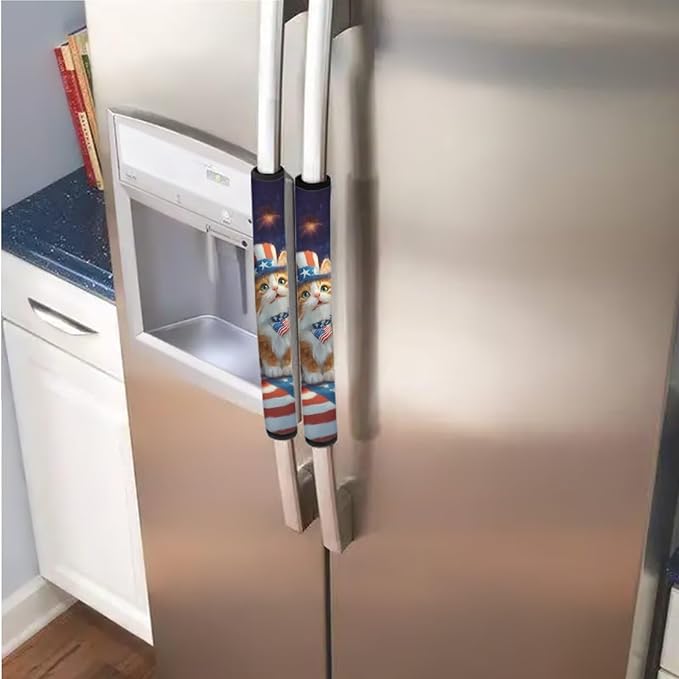 Patriotic Refrigerator Door Handle Covers Set of 6 Kitchen Electrical Appliances Handle Protector America 250th Anniversary Decorations for 4th of July, Cute Cat American Flag