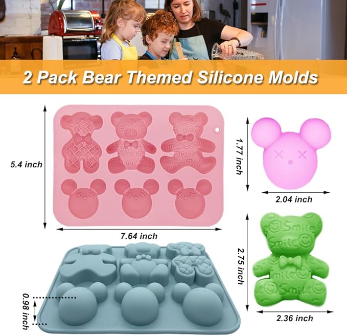 2 Pack Cute Bear Molds Silicone 6 Cavity 3D Cartoon Bear Themed Baking Mould Tray DIY Tool for Baby Shower Birthday Party Chocolate Cake Mousse Pastry Soap Crayons Cupcake Topper