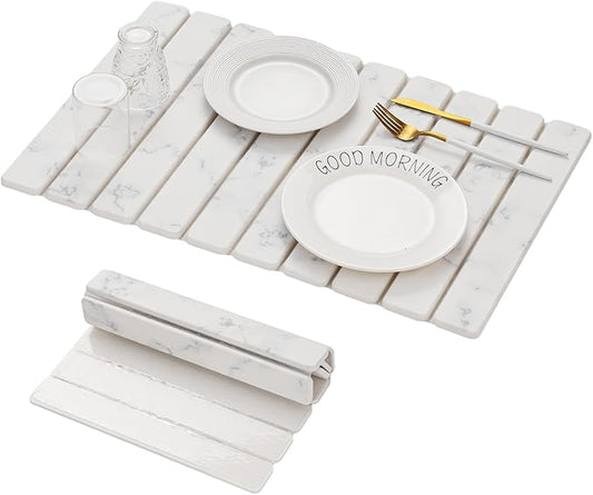 Large Stone Drying Mat for Kitchen Counter, 24''L x 16''W Diatomaceous Earth Collapsible Dish Drying Mat, Quick Drying Mat, Glasses and Flatware, Matches Any Countertop (Veined-A, 24" x 16")
