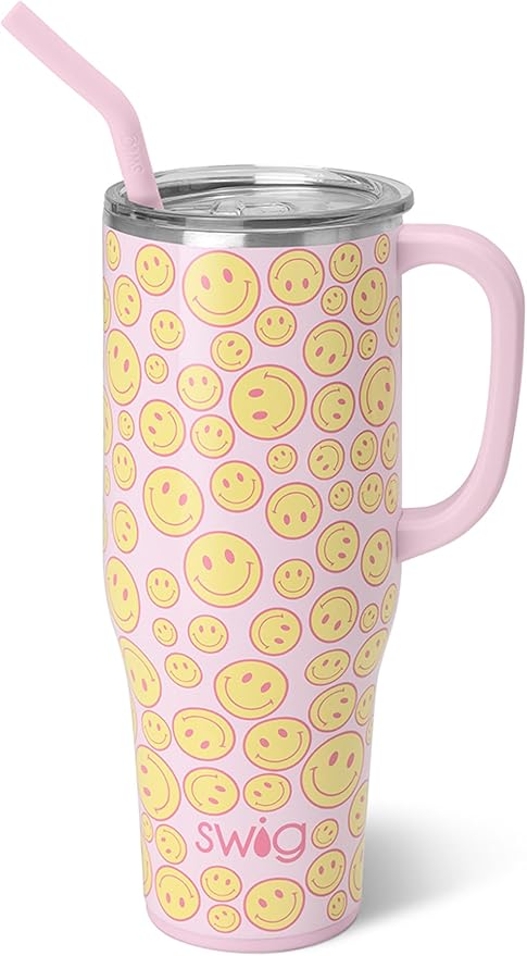 Swig Life 40oz Mega Mug, 40 oz Tumbler with Handle and Straw, Cup Holder Friendly, Dishwasher Safe, Extra Large Insulated Tumbler, Stainless Steel (Oh Happy Day)