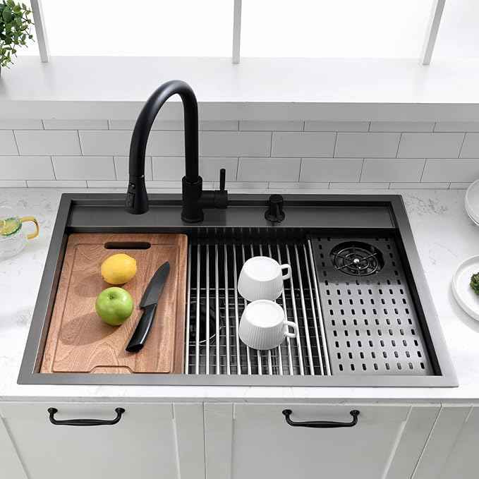 33 Inch Black Drop In Kitchen Sink Workstation with Glass Rinser -VOKIM 33x22 Drop In sink Workstation Stainless Steel 16 Gauge Deep Single Bowl Kitchen Sink with Cup Washer