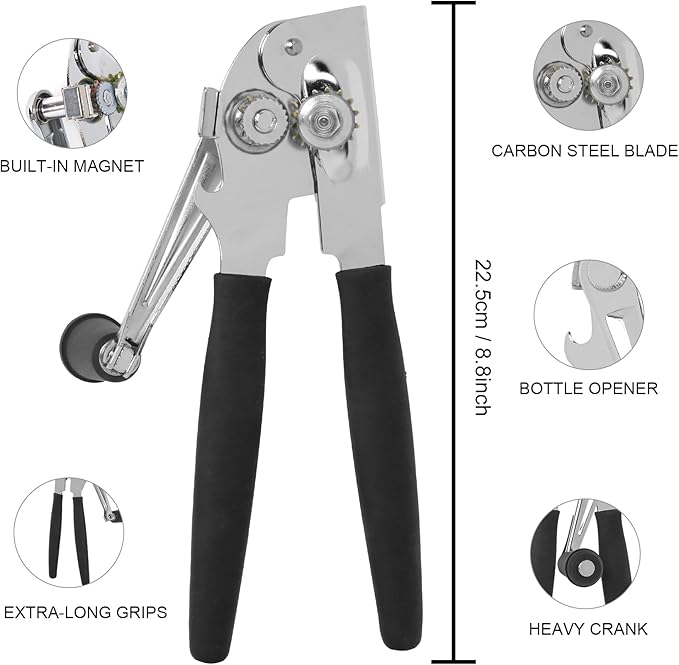 Commercial Can Opener with Magnet, Manual Heavy Duty Folding Hand Crank Can Opener Smooth Edge with Comfortable Long Handles, Fit All Size Cans, Large Cans