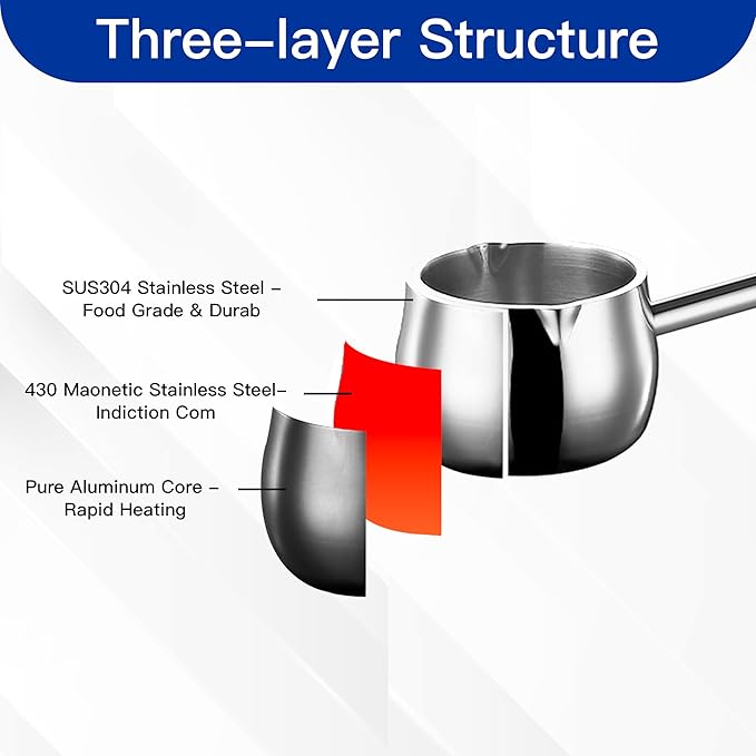 IMEEA Mini Butter Warmer Pot, 10oz/300ml Extra Small Milk Warmer, Small Saucepan with Long Handle, SUS304 Tri-Ply Stainless Steel
