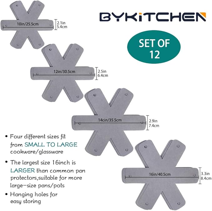 BYKITCHEN Pan Pot Protectors, Set of 12 and 4 Different Sizes, Larger & Thicker Gray Pan Separator Pads, Pan Protectors for Stacking and Protecting Your Cookware