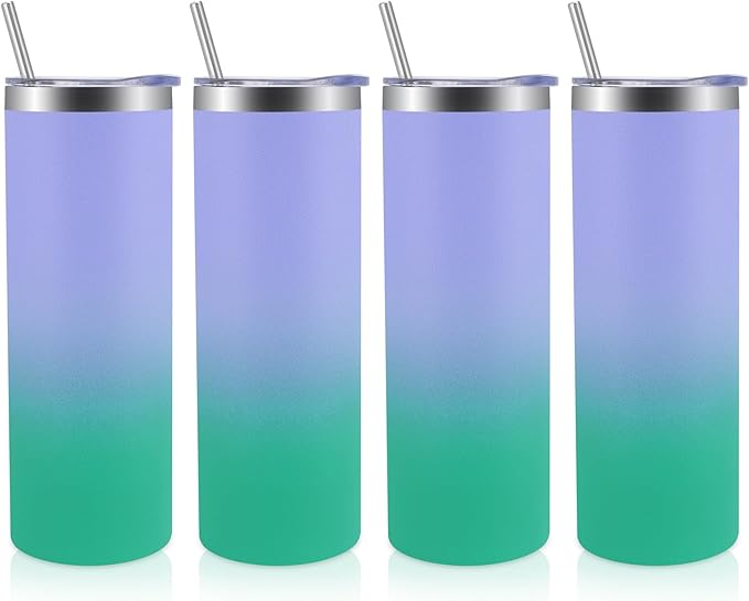 Volhoply 4 Pack Skinny Tumblers with Lid and Straw, 20oz Stainless Steel Straight Tumbler Bulk, Vacuum Insulated Coffee Mug for Home, Office, Travel, DIY (Purple Green,4 Pack)