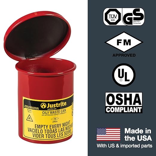 Justrite 0.45 Gallon Galvanized Steel Mini Countertop Oily Waste Can, 6.5" x 4.6" Metal Oil Rag Safety Can with Quiet Hand Operated Self-Closing Lid for Oily Rag Disposal, Made in The USA, Red, 09410