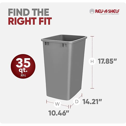 Rev-A-Shelf Polymer Replacement 35 Quart Trash Bin Recycle Waste Garbage Container for Kitchen Cabinet Pullouts, Silver, 2 Pack, RV-35-17-2