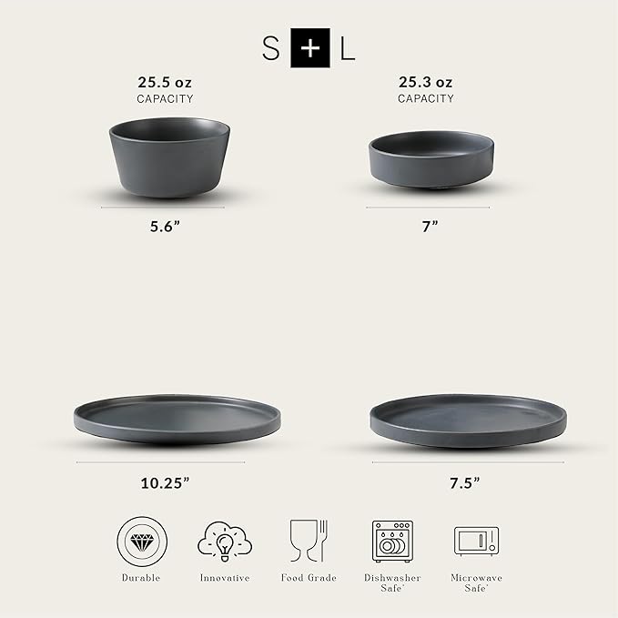 Stone Lain Celina Stoneware 16-Piece Dinnerware Set, Cereal and Dinner Bowls, Grey