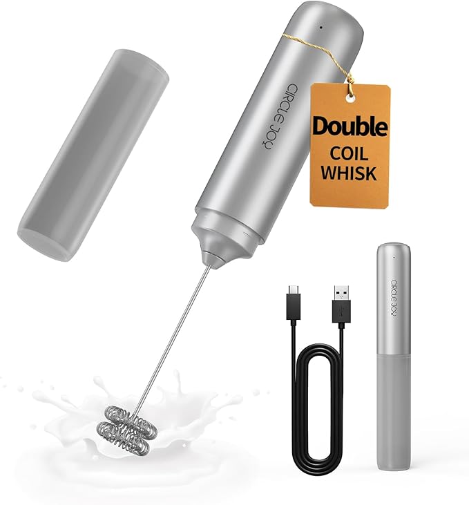 CIRCLE JOY Rechargeable Milk Frother Hanheld, Dual Coil Whisk Head Electric Coffee Frother, Portable Hand Frother Wand Drink Mixer for Matcha Lattes Cappuccino, Kitchen Gifts, Silver