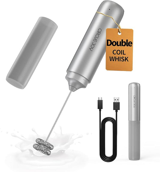 CIRCLE JOY Rechargeable Milk Frother Hanheld, Dual Coil Whisk Head Electric Coffee Frother, Portable Hand Frother Wand Drink Mixer for Matcha Lattes Cappuccino, Kitchen Gifts, Silver