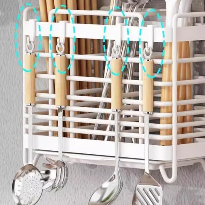 Utensil Holder Metal Hollow Out Kitchen Utensil Holder with 3 Compartments, Wall Mount/Countertop Utensil Drying Racks, White Utensil Caddy with Drain Tray and Hooks Cutlery Holder